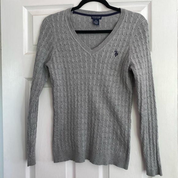 U.S. Polo Assn. soft cable knit vneck pullover sweater grey women’s size XL - Picture 1 of 5